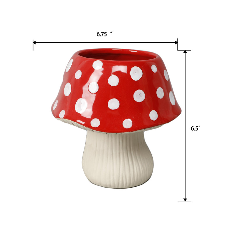 7"D Ceramic Mushroom Pot, Red, Red/White