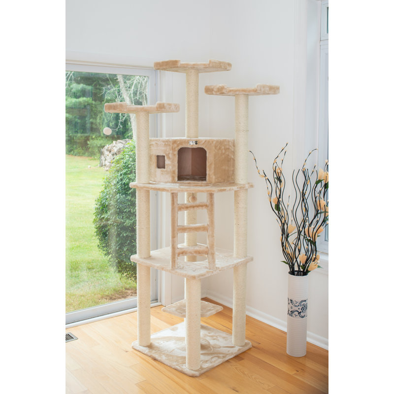 Beige Faux Fur and Sisal Multi-Level Cat Tree Tower