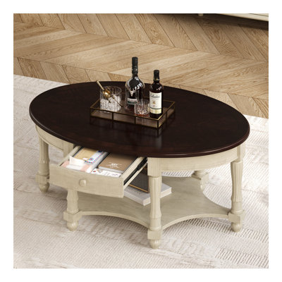 Table basse vintage ovale avec tiroir et étagère de rangement, table de cocktail antique de 45 po, table d'appoint de style champêtre pour salon, beige et cerisier