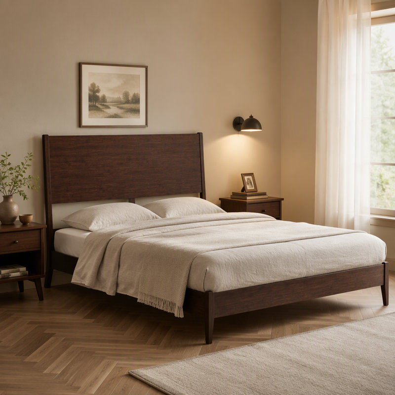 Cadre de lit plateforme en bois de bambou massif de style Mid-Century avec lattes de bois et support en métal de style Mid-Century danois moderne, aucun sommier nécessaire, assemblage facile, chocolat, grand