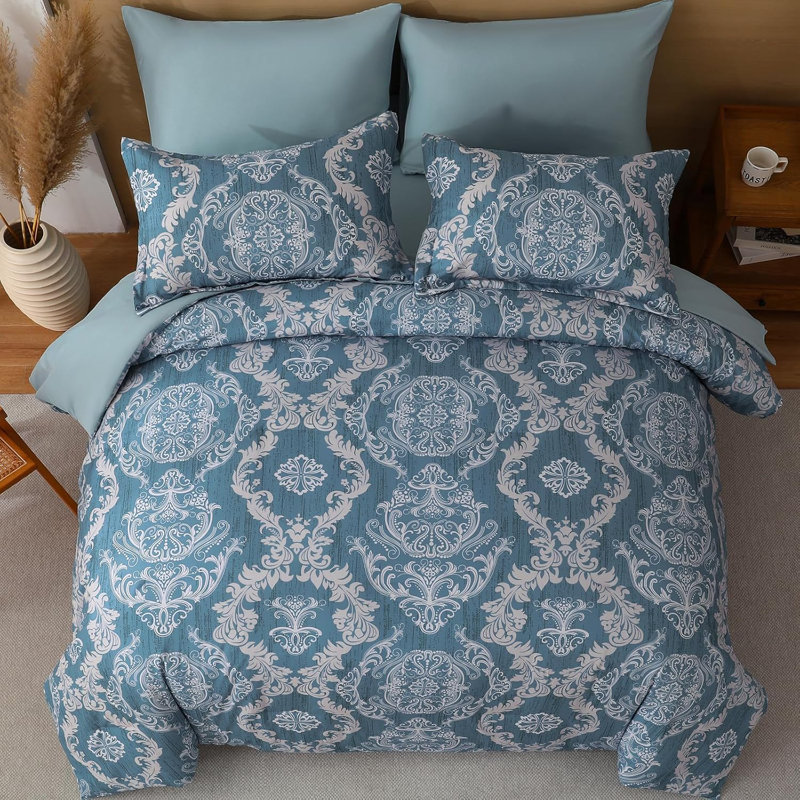 King Size Light Blue Damask Microfiber Bed in a Bag Set