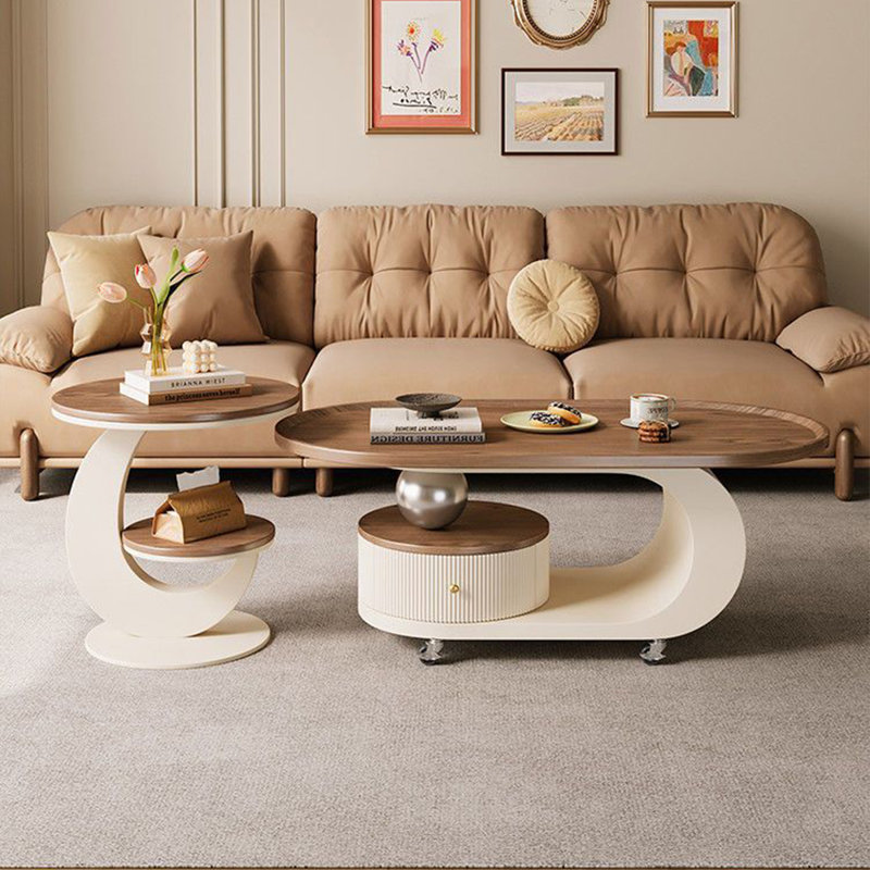 Ensemble de tables basses rondes en bois massif blanc, H 23,62 po x l 66,93 po x P 23,62 po, Brun et blanc