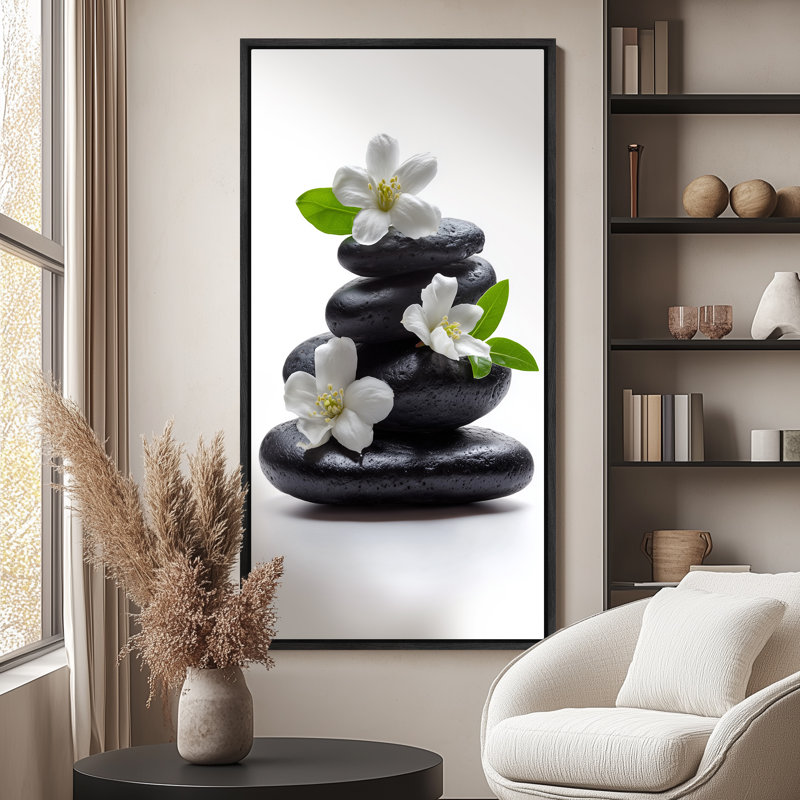 «Black Zen Stones» avec fleurs blanches et feuilles vertes, art très grand, impression sur toile encadrée, H 60 po x l 30 po