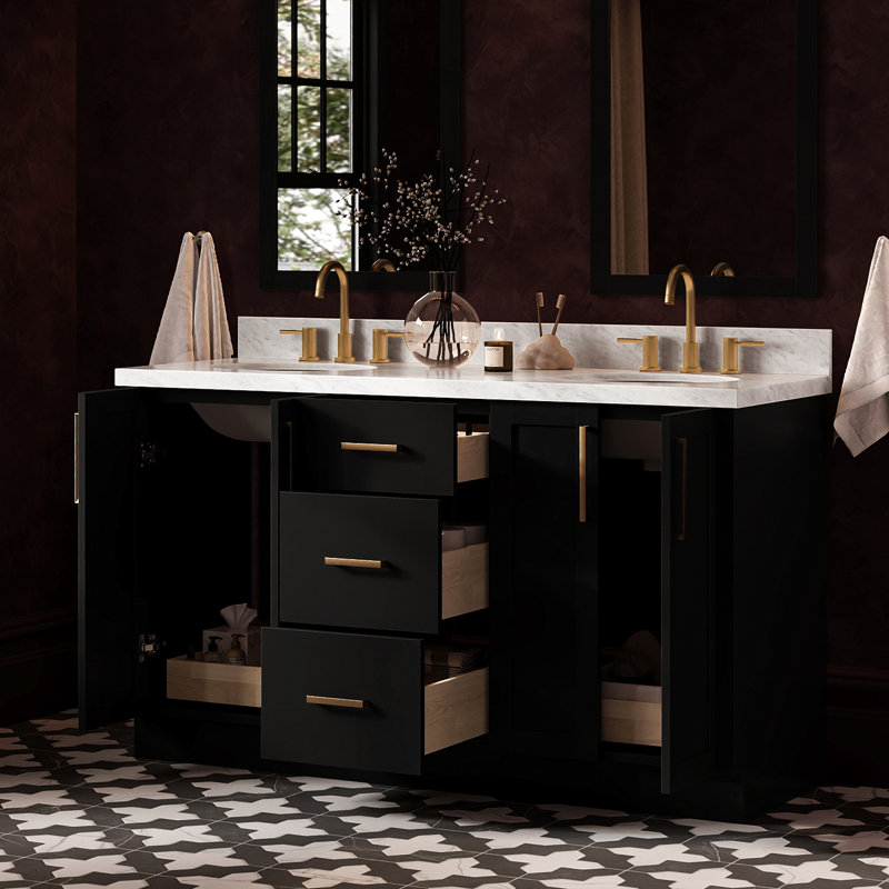 Meuble-lavabo ovale double de 155 cm avec comptoir en marbre blanc de Carrare de 3,8 cm d'épaisseur, finition noire., Ovale