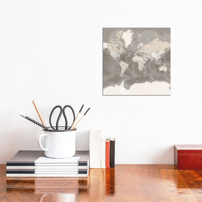 Detailed Brown World Map With Antarctica, Davey by Blursbyai - No Frame Gallery-Wrapped Canvas Giclée on Canvas