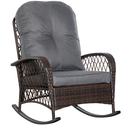 Outsunny Outdoor Wicker Rocking Chair with Wide Seat, Thickened Cushion, Rattan Rocker with Steel Frame for Patio, Garden, Backyard