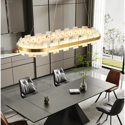 Modern Luxury Linear Kitchen Chandelier with Adjustable Height Natural Spanish Alabaster Texture, White