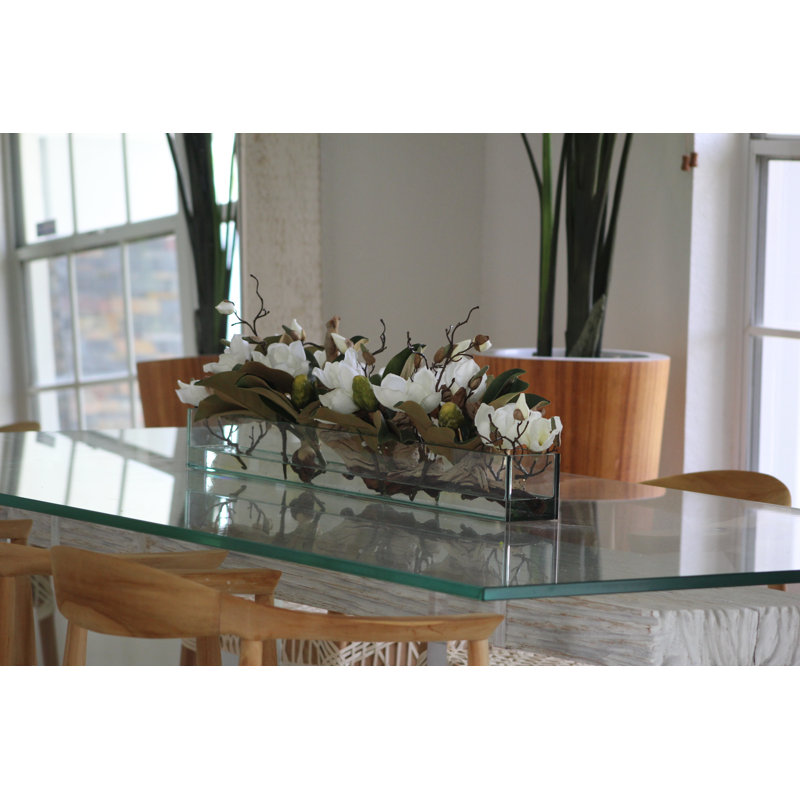 Glass Plate Magnolia Floral Arrangement And Centerpiece In Planter, 8" H x 36" W x 4" D, White