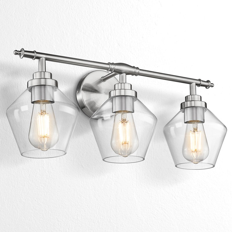 3 - Light Vanity Light Clear Glass Diamond Shade, Brushed Nickel, 9.84" H x 21.26" W x 7.28" D, 3 Lights, Brushed Nickel