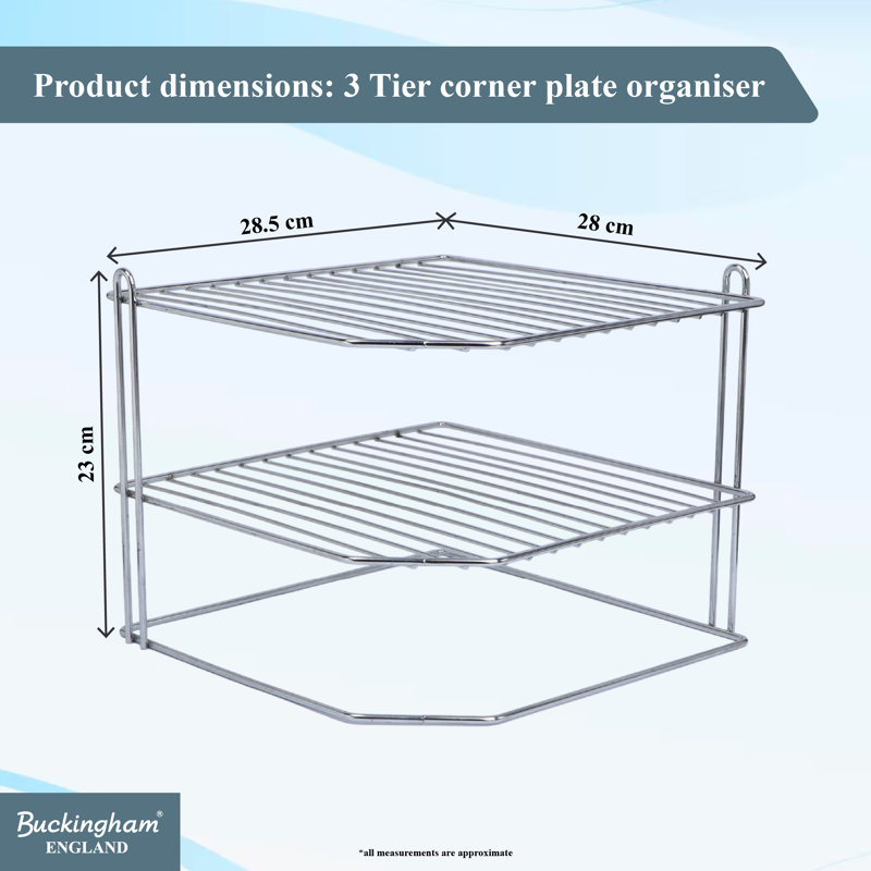 Buckingham 3 Tier Corner Plate Rack Kitchen Cupboard Storage Organiser 28 Cm, Chrome