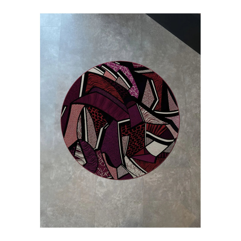 Purple Red Themed Multicolored Mixed Shape Patterned Modern Woven Base Round Decorative Carpet, Round 4'
