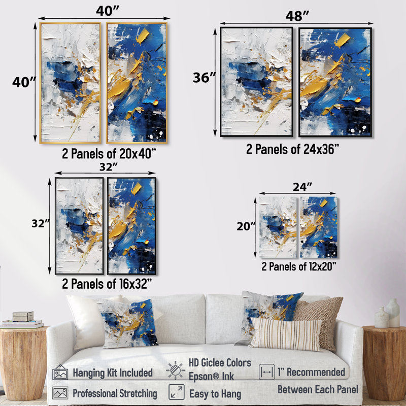 Kaléidoscope cubique bleu et jaune - décoration murale bleue 2 panneaux, 32" H x 32" W, Framed Print without Mat, Cream
