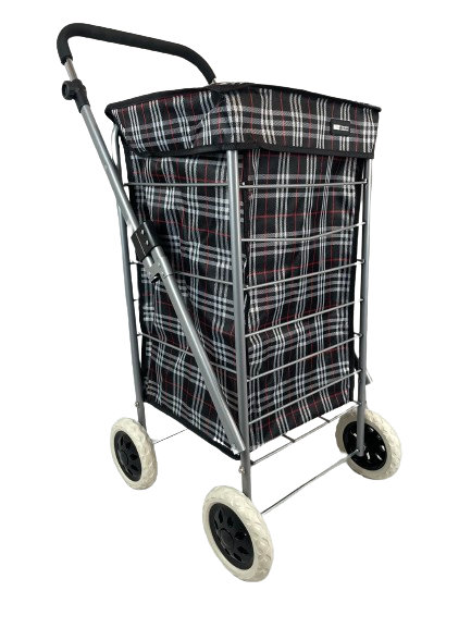 4 WHEEL SHOPPING TROLLEY - RED TARTAN, Black 