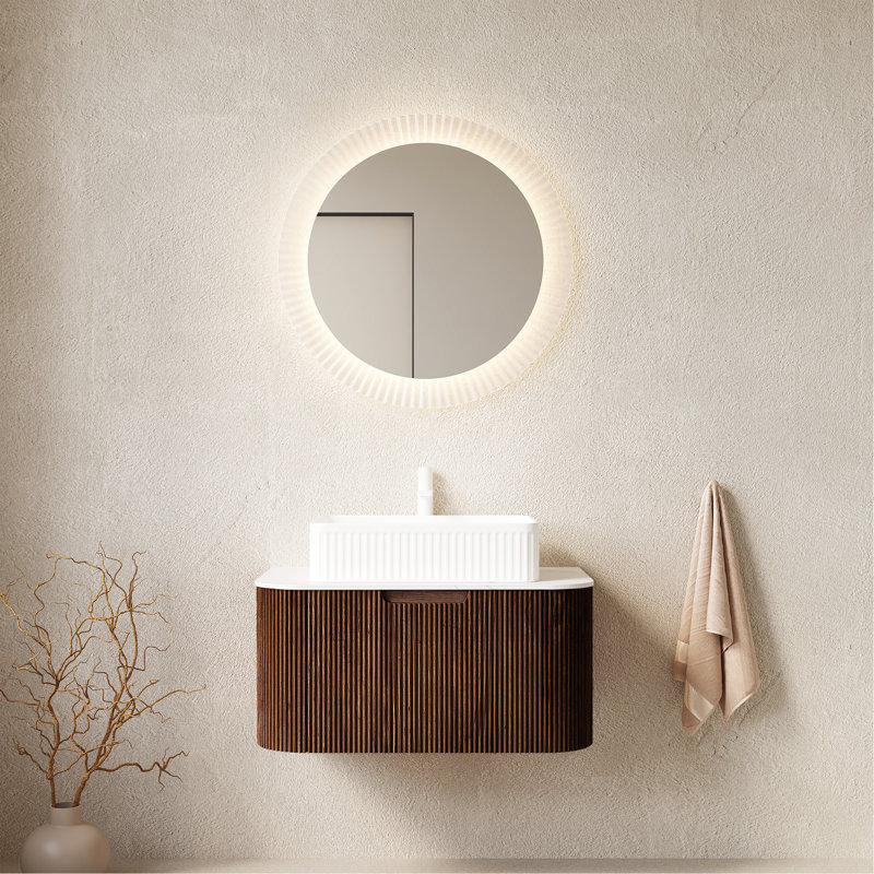 Meuble-lavabo de salle de bain 30 po avec lavabo, meuble de rangement mural à bordures courbées et flottantes avec tiroir, lavabo rectangulaire en céramique blanche, sans robinet, pré-assemblé, couleur noyer