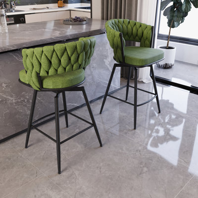 Linen Swivel Bar Stool Of 2 With Black Legs, Frame, And Comfortable Back For Kitchen, Drawing Room, Office Desk 26" Woven Stools 360 Degree Swivel, Metal Footrest , Cafe, Wedding Ceremony Area