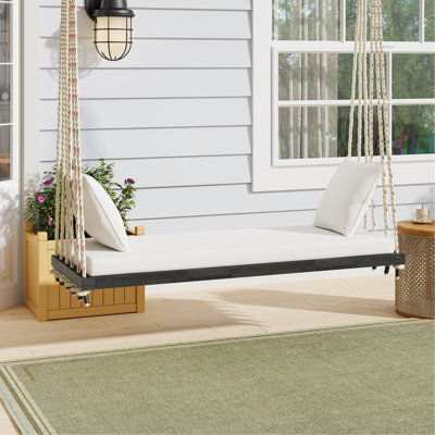 Patio Wooden Swing Chair, Hanging Porch Swing Bench With Cushion & Pillows, 10.8Ft Hemp Ropes For Garden,Backyard, Lawn