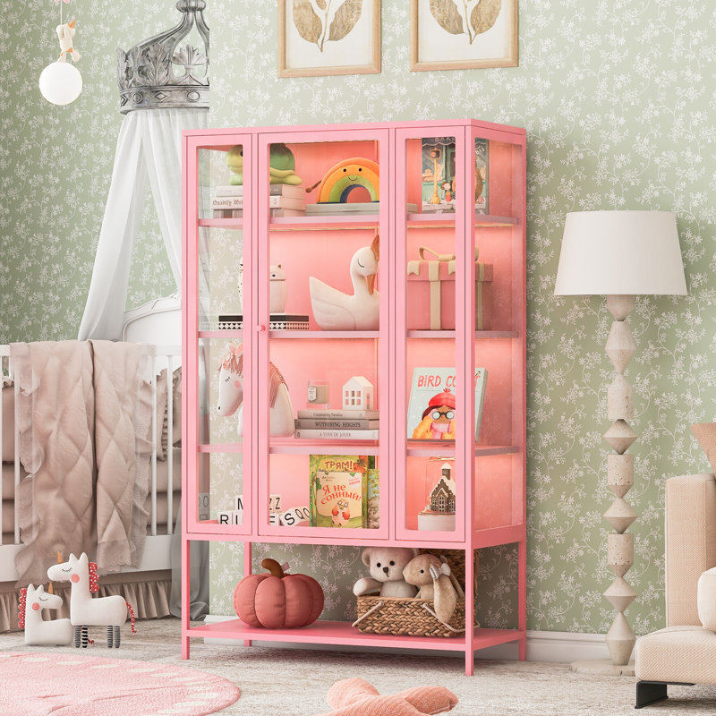 Tall Iron Display Cabinet With Glass Door, LED Lights, And Adjustable Shelves For Collectibles, Figures, And Trophies, Pink