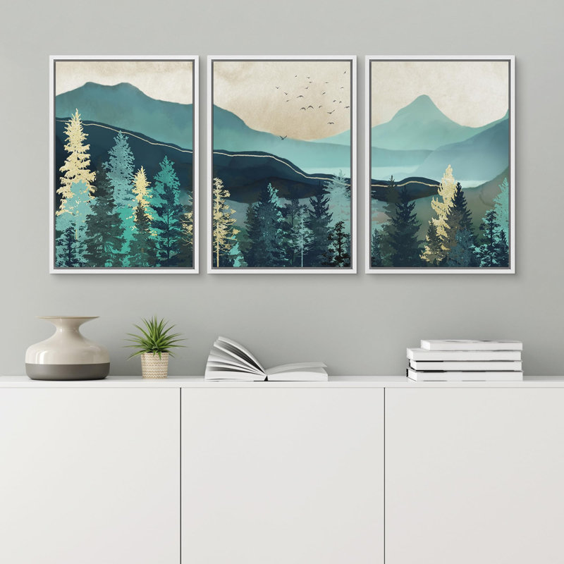 Abstract Mountain " Tranquil Forest Illustration Modern Art Decor Zen " 3 - Pieces, Blanc, H 36 po x l 24 po x P 1,5 po