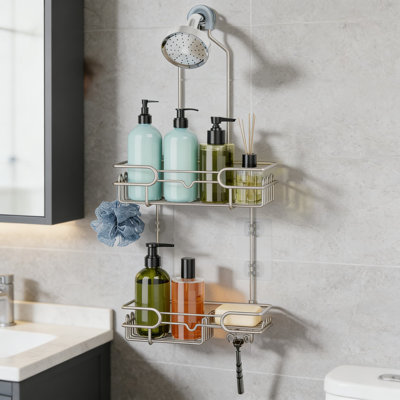 Hanging Shower Caddy Organizer With 12 Hooks And Soap Holder, Rustproof Stainless Steel Bathroom Shelf With Dual-Tier Storage And No-Tool Installation For Over The Shower Head