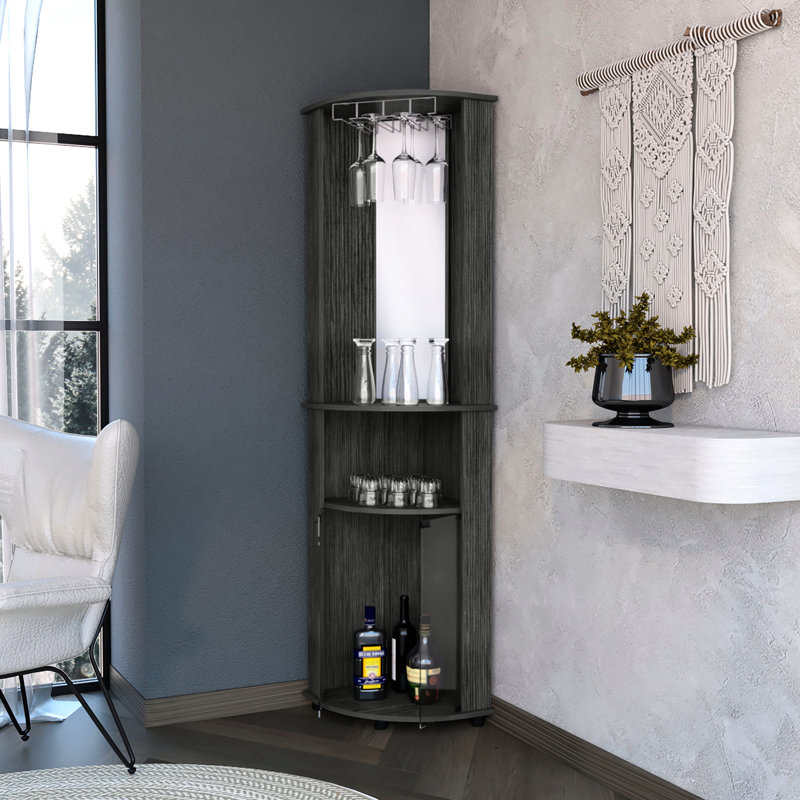3 Shelf Home Bar Unit In Oak, With Twin Glass Doors And Organized Space Oak Cabinet Shelf, Doors, Neat Appearance