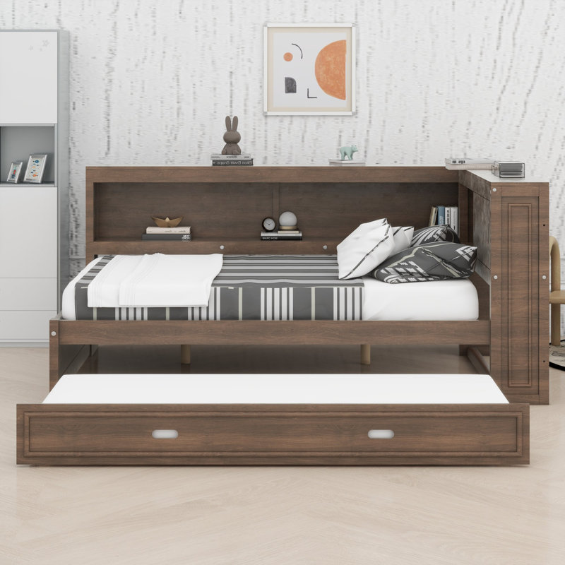 Lit de jour avec lit gigogne et tablettes de rangement, éclairage DEL et ports USB, Bois antique