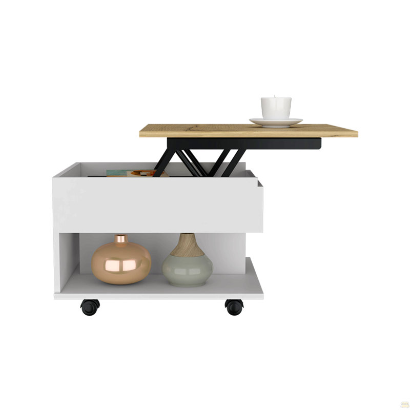 Petite table basse carrée à plateau relevable avec rangement dissimulé, bois d'ingénierie, finition en bois brun sur roulettes