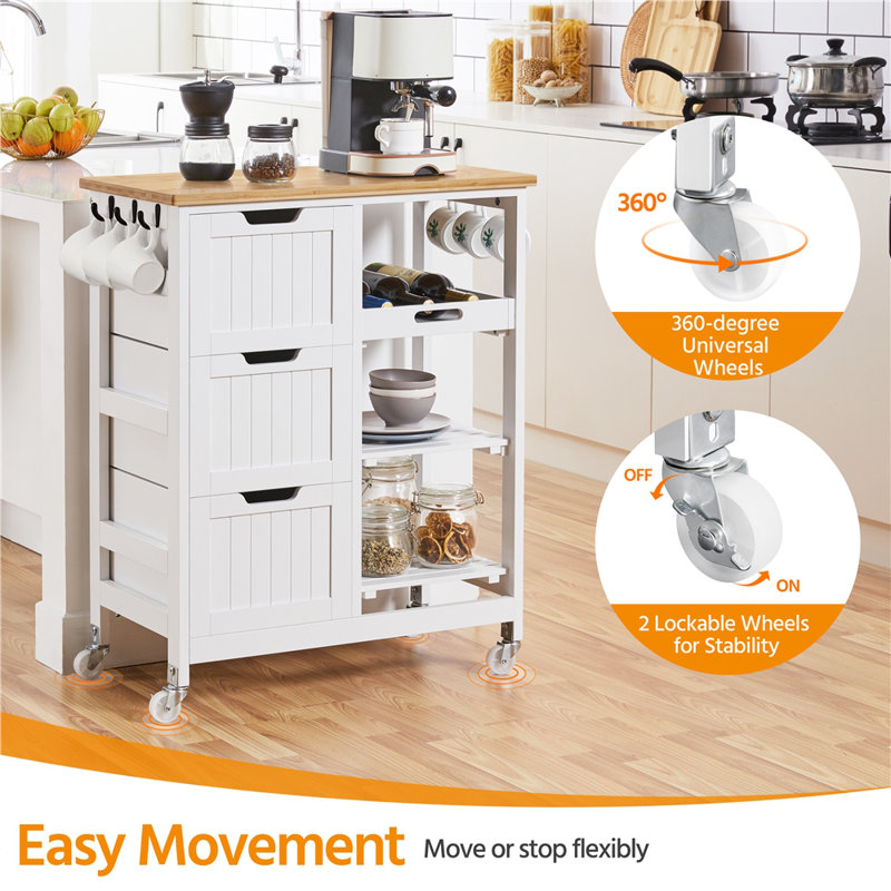Kitchen Cart with Solid Bamboo Top & Solid Wood Legs, White