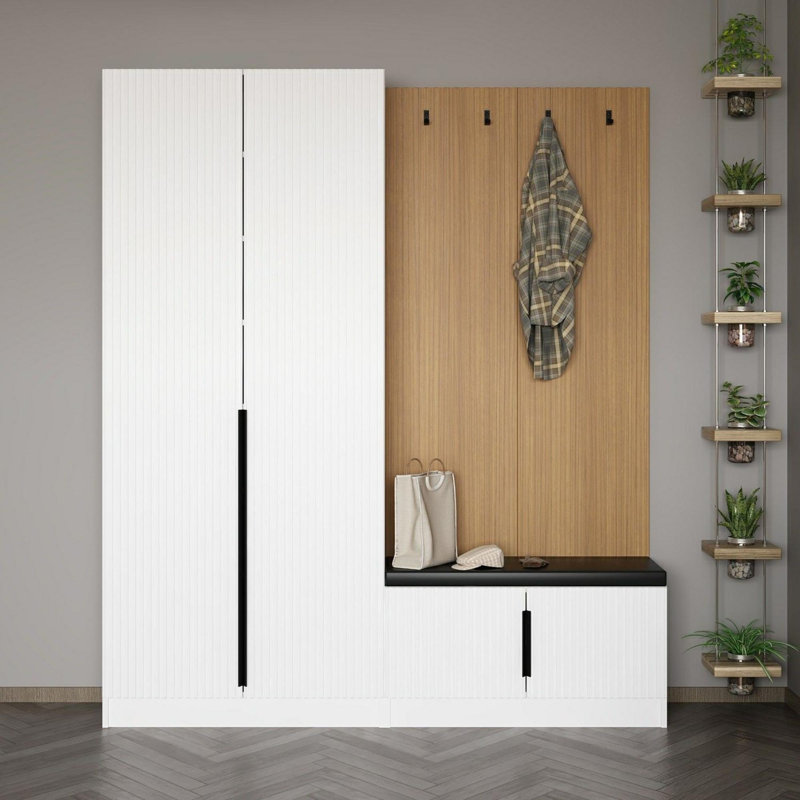 Élégant support de couloir avec rangement, blanc, 70,9 x 82,7 x 13,8 pouces | 100% panneau de particules enduit de mélamine, épaisseur: 0,7 pouce | Design scandinave moderne pour l'organisation du vestibule et l'attrait esthétique