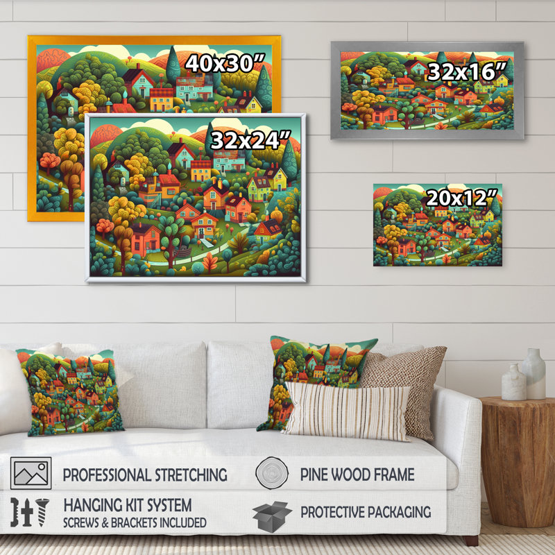 Petite ville village II - art mural moderne paysage, Cadre photo noir, H 12 po x l 20 po x P 1 po