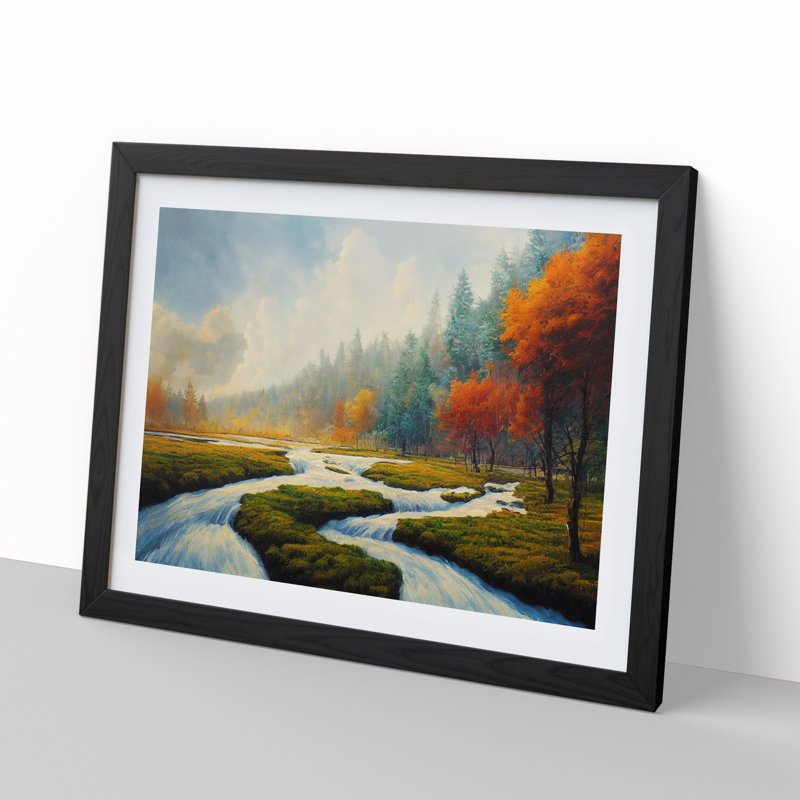 Autumn River Forest - Single Picture Frame Print, Black Framed, 46cm H x 64cm W x 2cm D
