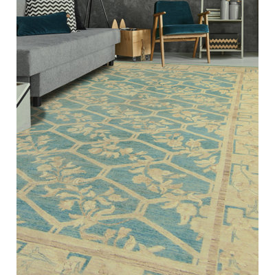 Tapis en laine beige noué la 10 pi x 14 po one-of-kind Romona