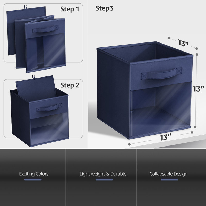 Sorbus 13" Large Storage Bin with Clear Window – 6-Pack Foldable Fabric Organizers, Navy Blue, Navy Blue