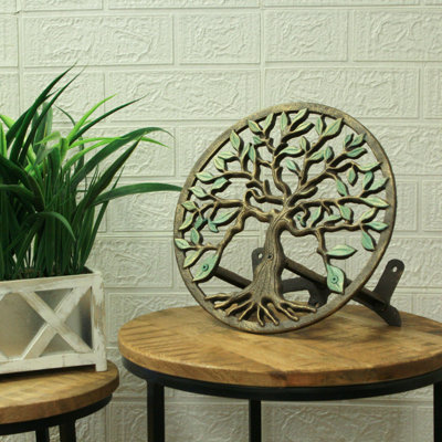 Support mural pour boyau d'arrosage en fonte, motif Arbre de Vie, vert et bronze, 29 cm de large
