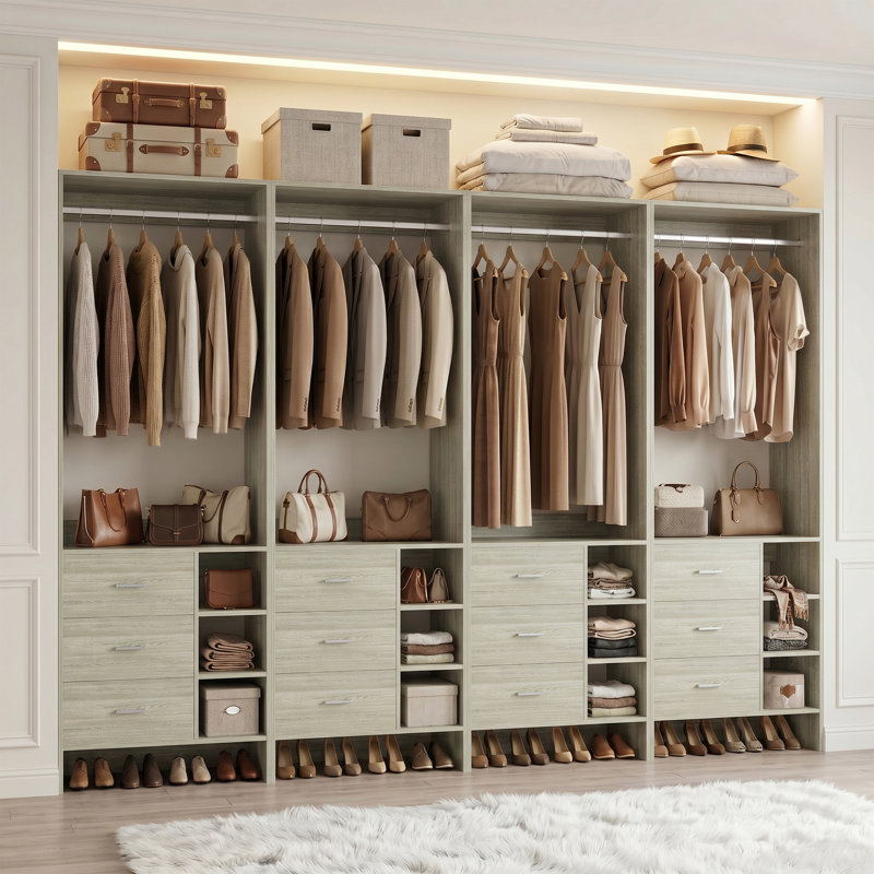 10ft Closet System with Wooden Drawers and Hanging Rods, Gray