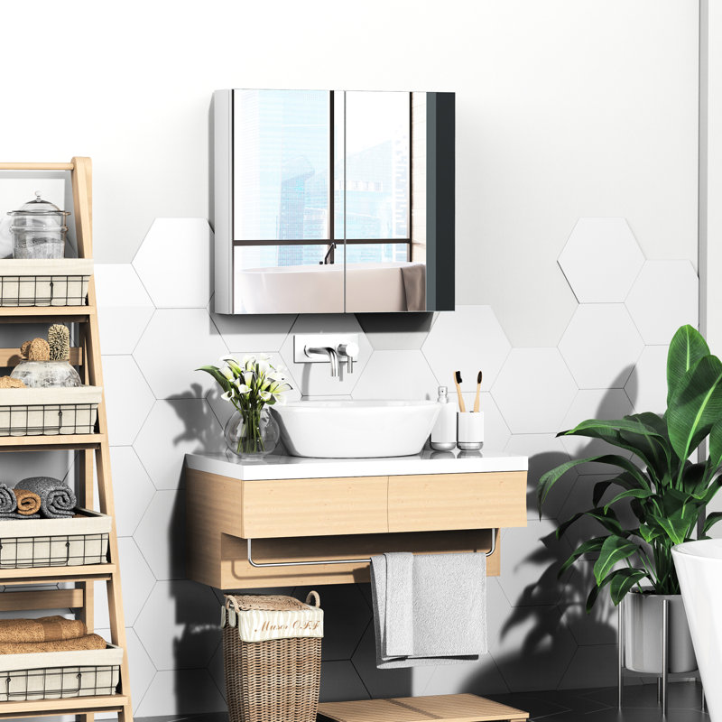 Armoire de toilette 24 po x 22 po, cadre en acier avec portes doubles pour rouge à lèvres, blanc délavé pour le corps,