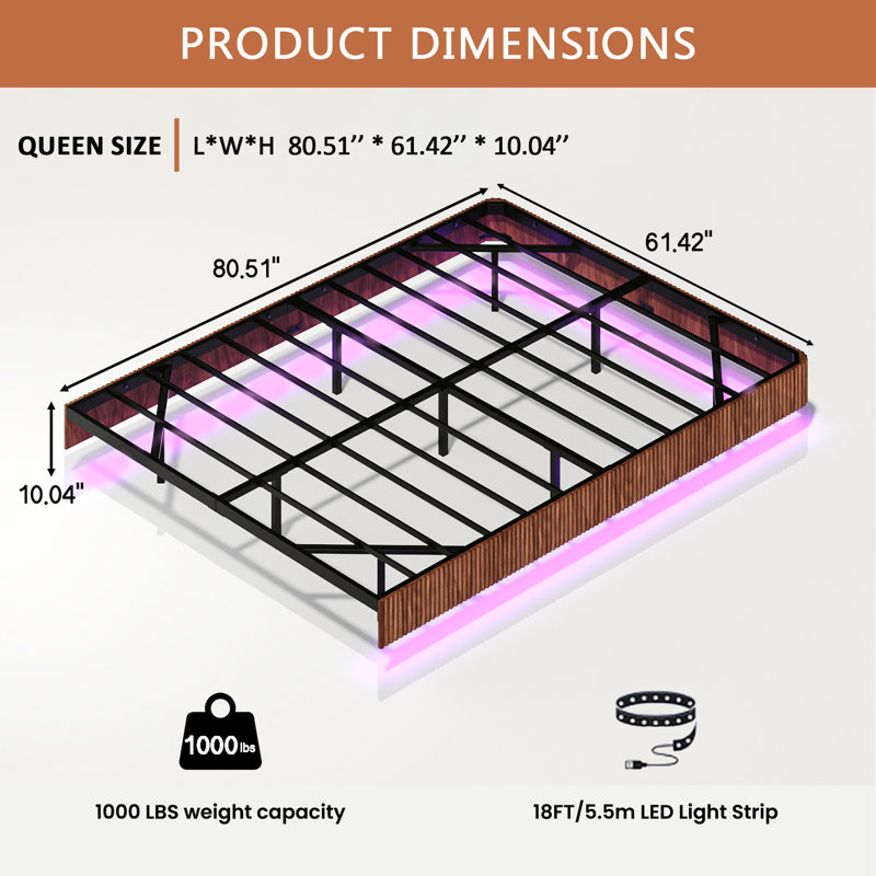 Floating Bed Frame With LED Lights, Metal Bed Frame,  Underbed Storage, No Box Spring Needed, Queen, Walnut