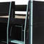 Lit mezzanine en bois avec bureau, garde-robe ouverte, compartiments de rangement et lumières RVB-156879039