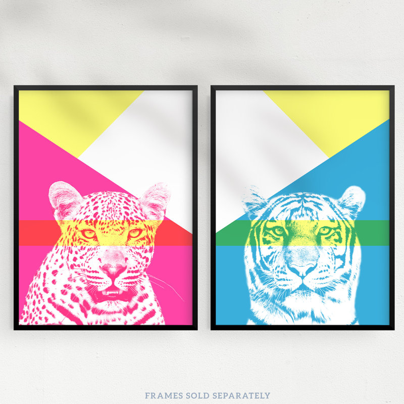 Neon Tiger Leopard Vivid Jungle Animal Portrait Bold Geometric - 2 Piece No Frame Print Set, 40.5cm H x 30.5cm W x 0.3cm D