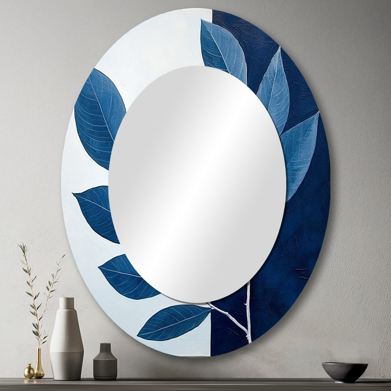 Blue Indigo Leaves Harmony I - Floral Oval Decorative Mirror On Metal, 43" x 33"