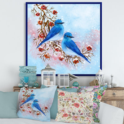 Deux oiseaux bleus assis sur une branche avec des baies - Peinture sur toile