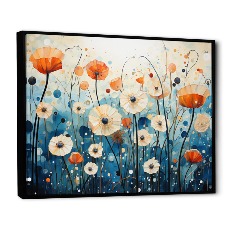 «Blue Dandelion Floral Symphony IV», reproduction sur toile, Cadre flottant noir, H 34 po x l 44 po x P 1,5 po