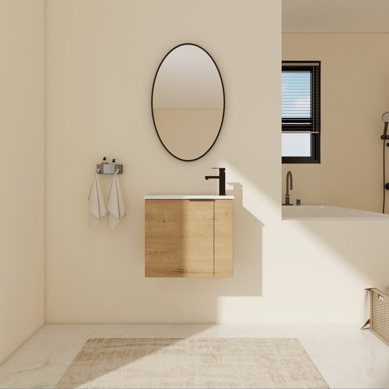 Javeria 13'' Wall Mounted Single Bathroom Vanity With Ceramic Top, Imitative Oak