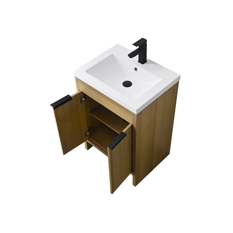 Meuble-lavabo simple 24 po au fini chêne naturel avec lavabo en résine blanc à surface solide, 24"