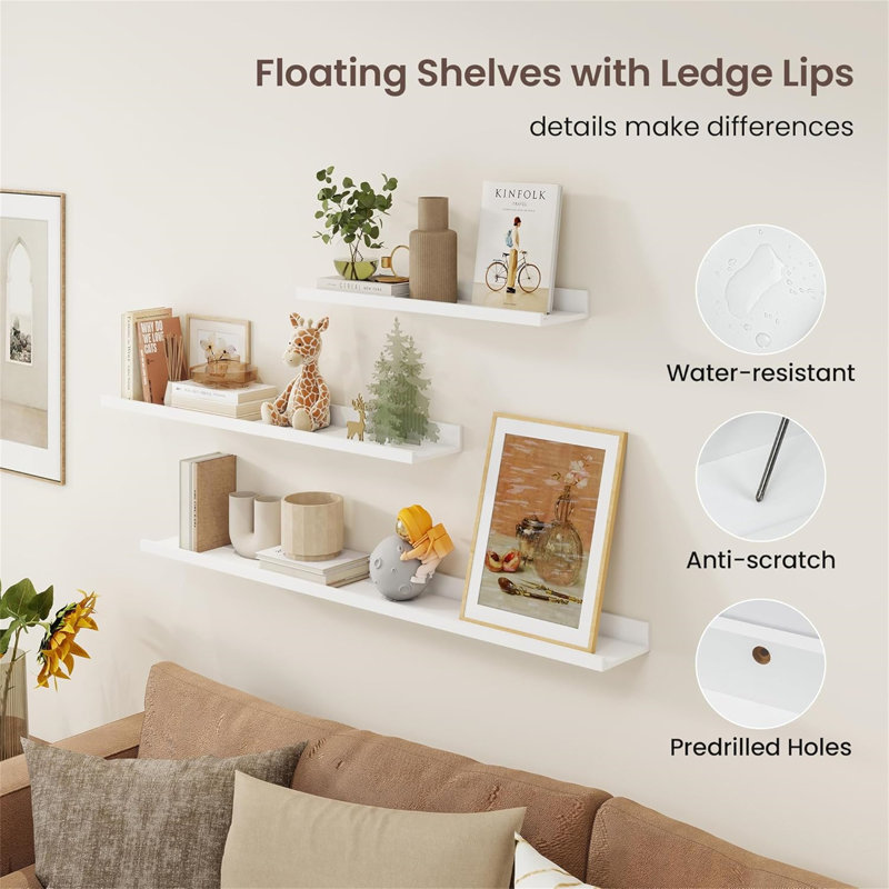 Rustic Floating Shelves Set of 3 with Lip, Picture Ledge Shelf for Nursery, Living Room – Multipurpose Storage Organizer, Bookshelf, & Photo Display Rack White