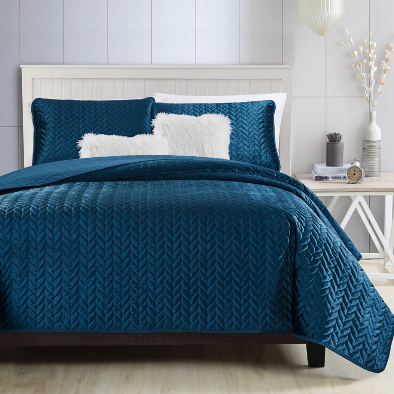 Ensemble de courtepointe réversible Dahlia, Courtepointe de grande taille et 2 taies décorati, Bleu