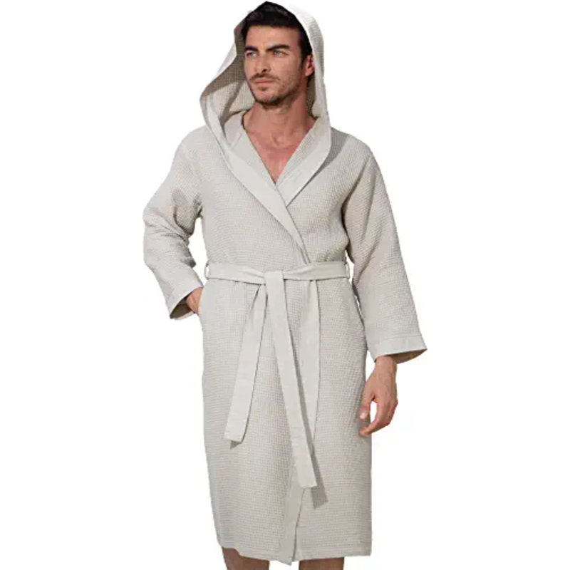 Mahie Terry Cloth Boy / Man+ Mid-Calf Bathrobe with Pockets and Hood, L, Sage Green 