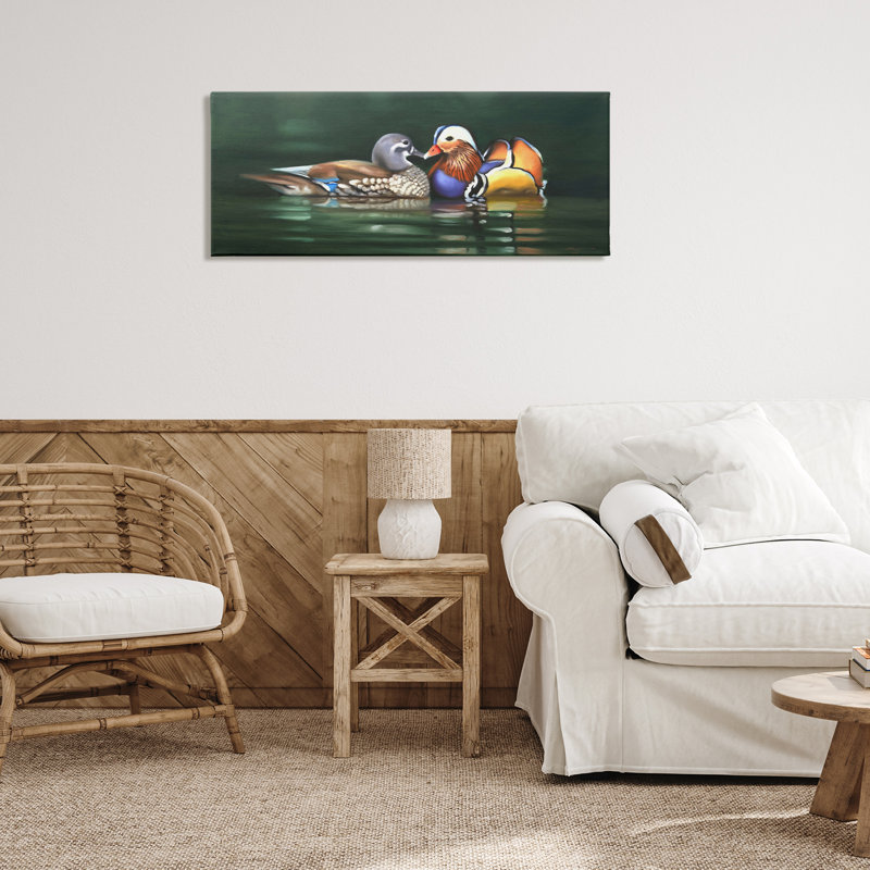 Toile à motif d'oiseaux dans un lac par D. Rust, H 13 po x l 30 po x P 1,5 po
