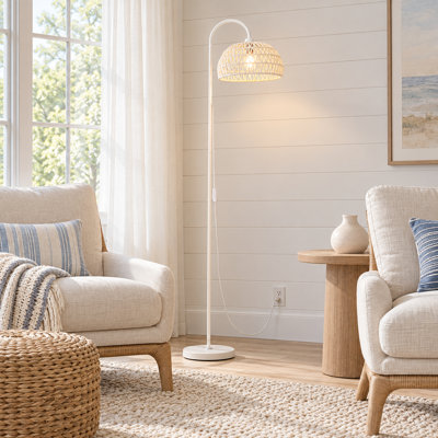 Lampe sur pied en rotin blanc arqué, de 160 cm de hauteur, avec bras flexible, abat-jour tissé et ampoule E26 de 12 W incluse