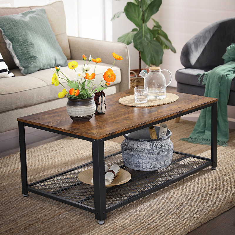 Aplington Floor Shelf Coffee Table with Storage, Rustic Brown Top/Black Base