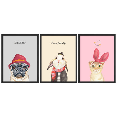 Nursery Decor Cute Dog Rabbit Animals Boho Artwork Framed Prints Poster Kid's Room Small Wall Art